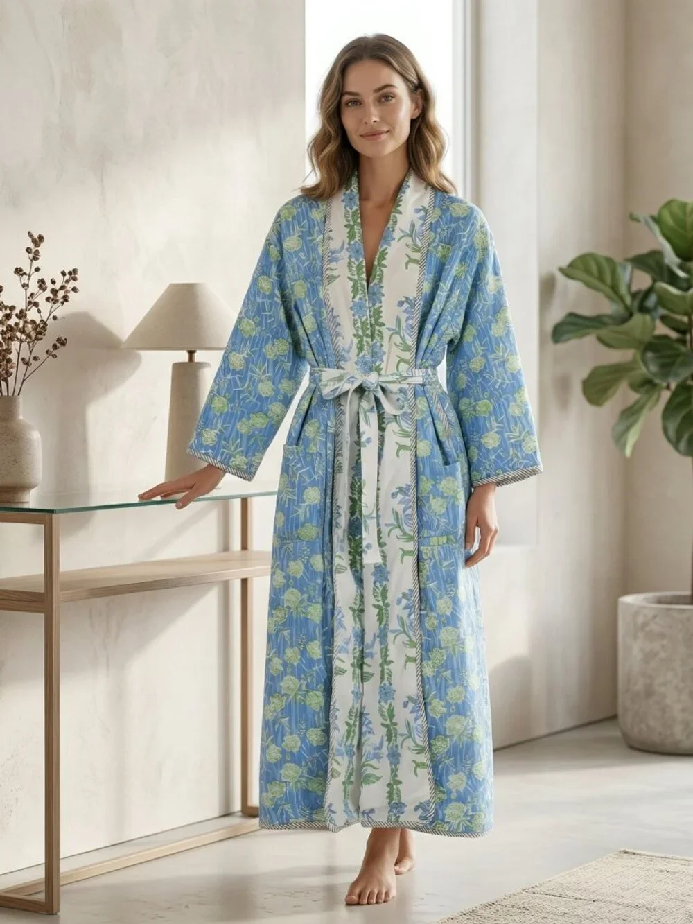 Reversible Cotton Kimono Robe, Hand Block Print Bathrobe, Floral Quilted for Her